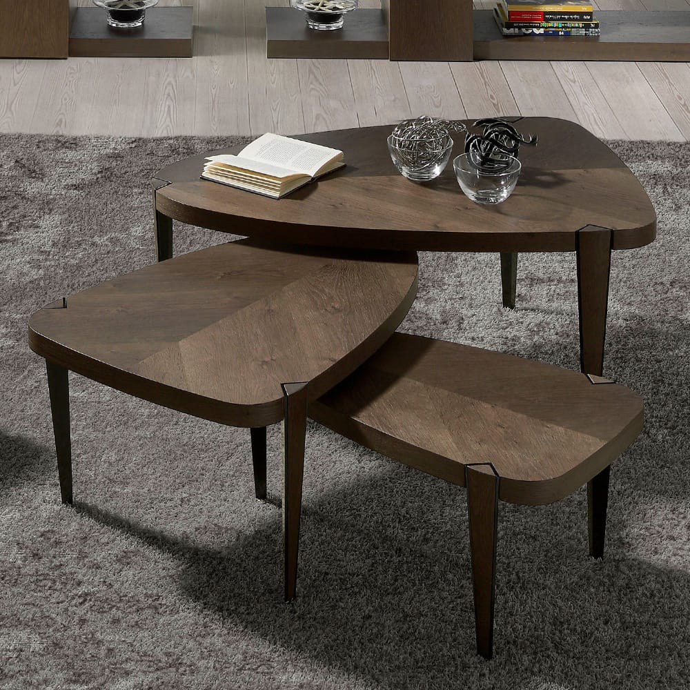 Impress the guests, London Collection aged oak veneer nest of tables, rounded triangular shape