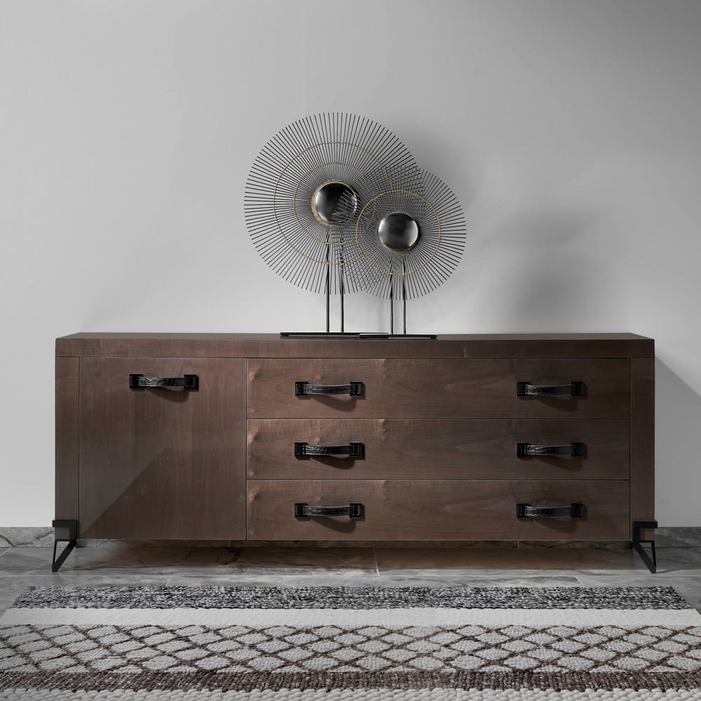 Large contemporary sideboard, dark walnut veneer, with 3 wide drawers and 1 cupboard, black handles, autumn arrivals