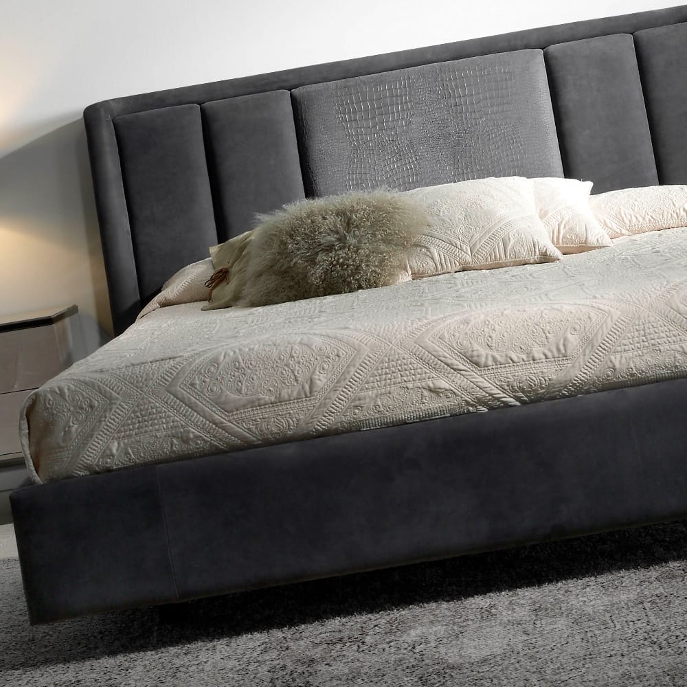 Impress the guests, London Collection nubuck leather upholstered bed in dark grey