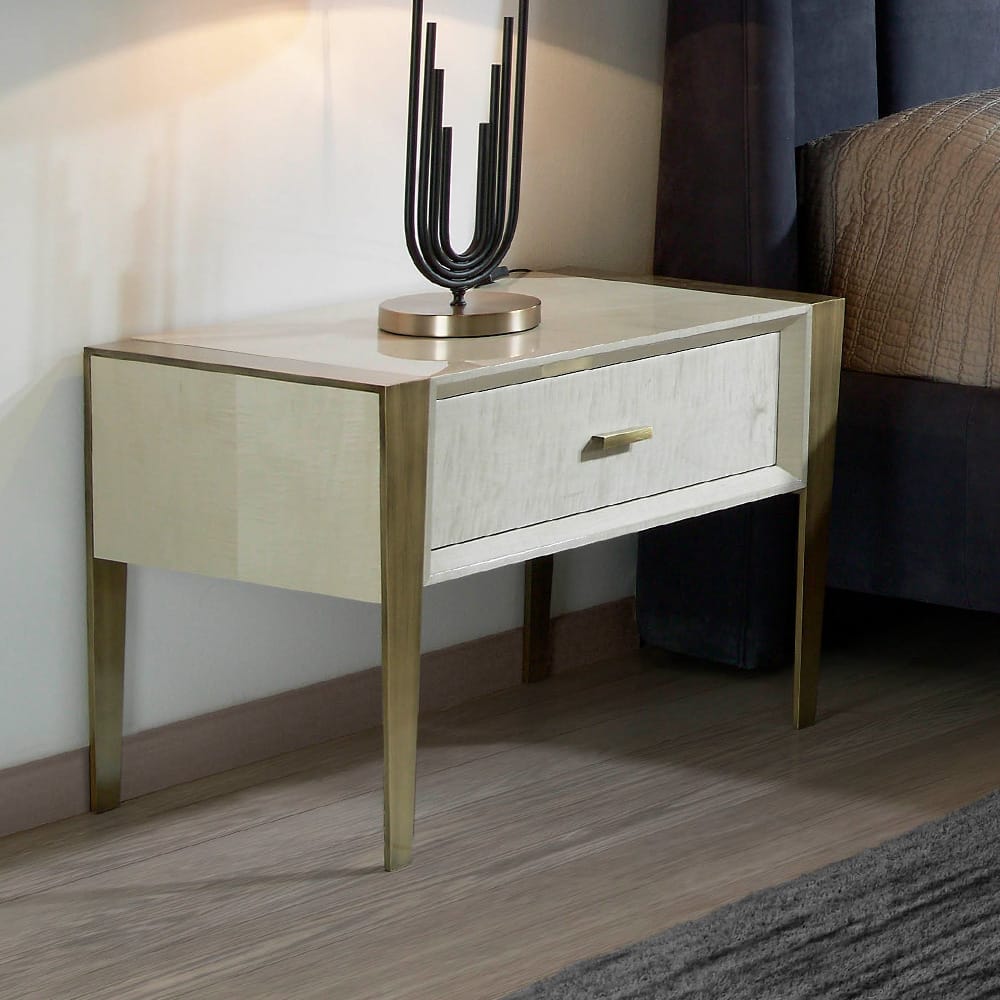 Modern, High gloss, maple veneered bedside cabinet with brushed bronze, tapered legs, autumn arrivals