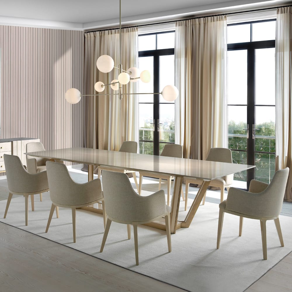 Impress the guests, large rectangular table with gloss maple veneer, brushed gold base, 8 chairs