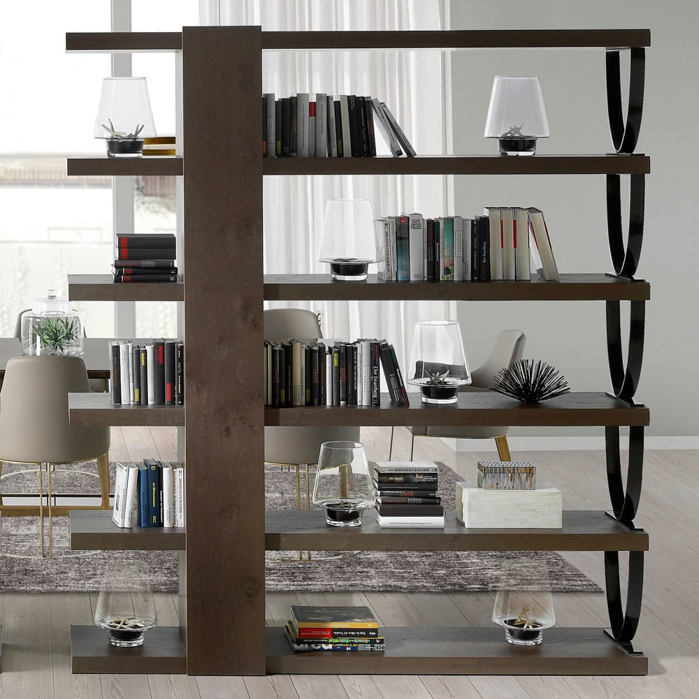 Bookshelf with 6 shelves, oak veneer, modern design with u-shaped metal brackets, autumn arrivals