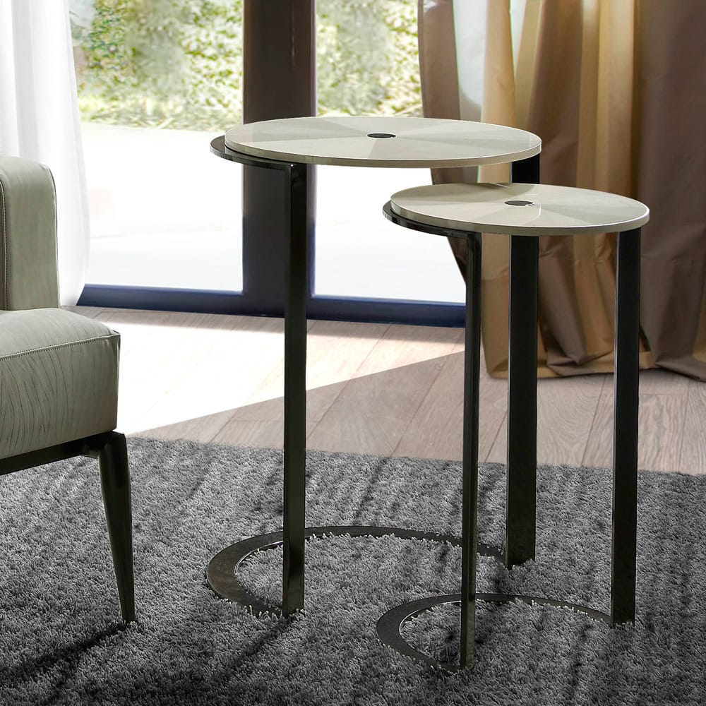 Pair of modern tables with slim, dark metal legs and maple veneer top, autumn arrivals