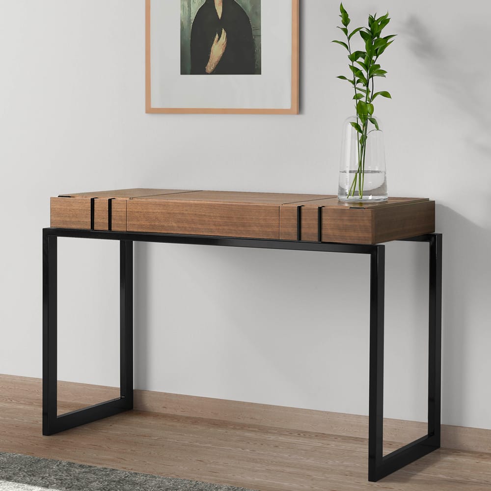 Modern dressing table with black metal legs, walnut veneer top, 2 drawers and hidden mirror compartment, autumn arrivals