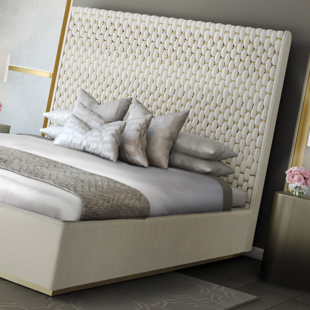 Velvet bed with interlaced headboard