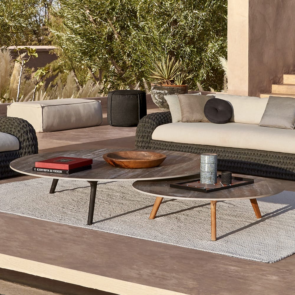 outdoor furniture, two coffee tables, dark top