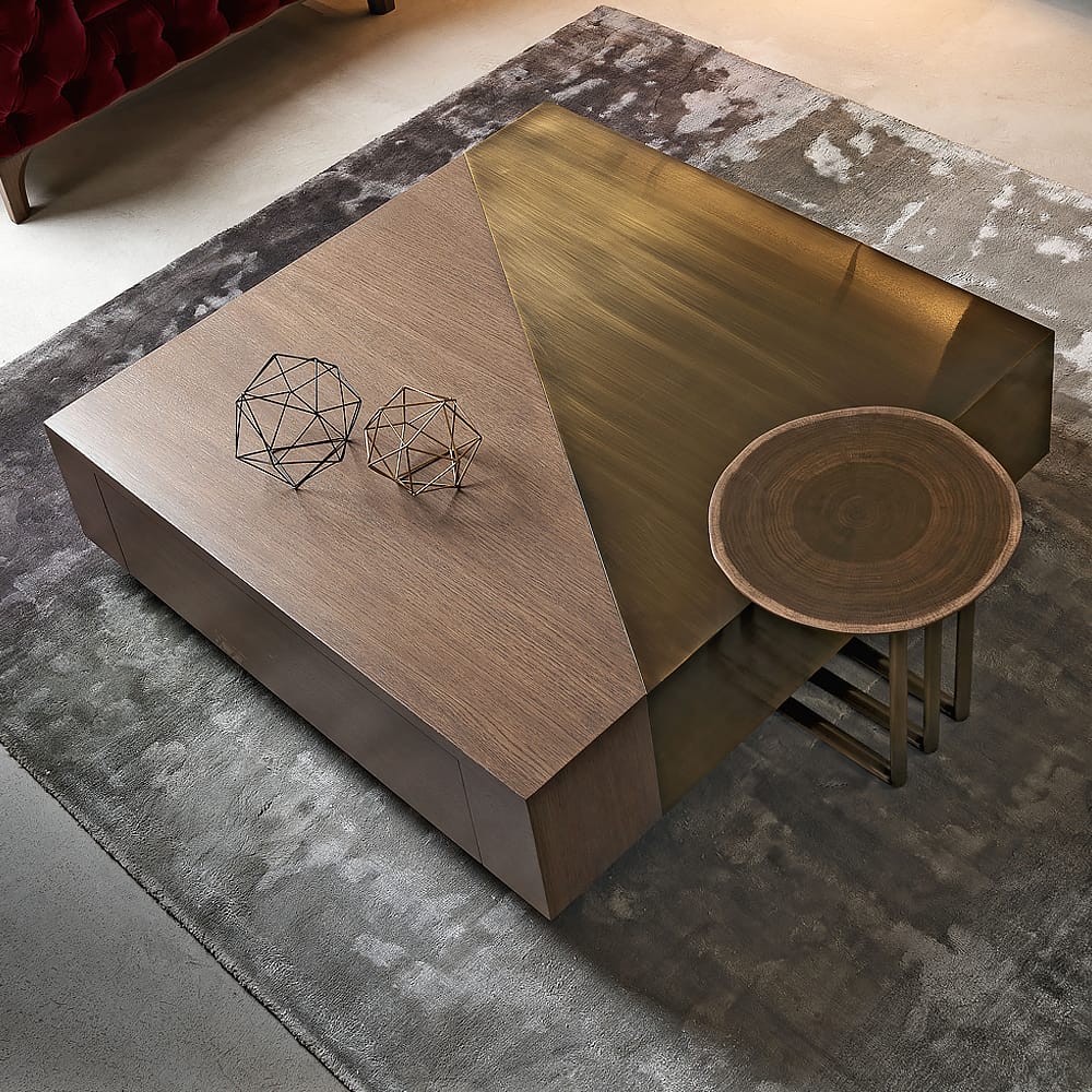 Impress the guests, square coffee table with diagonal panels in ebony and bronze