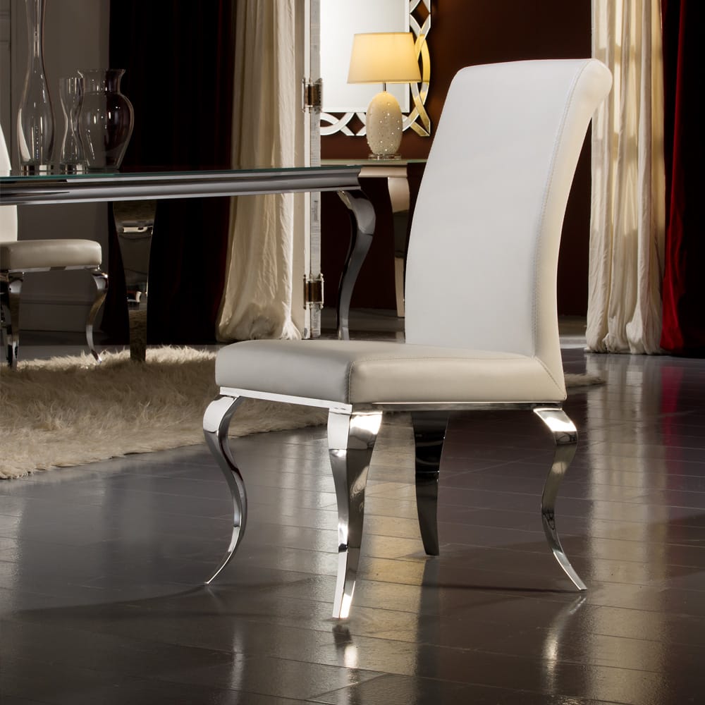 ex display white faux leather high backed dining chair with polished steel modern baroque stylised legs