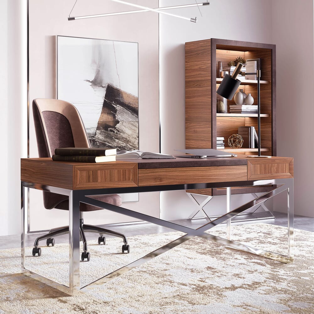 new arrivals, executive desk, wood veneer, crossed chrome legs