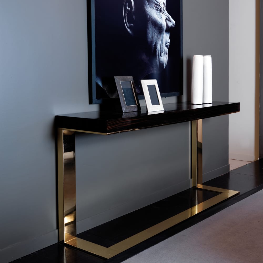 sleek contemporary console table, dark macassar top, gold one-piece legs and base