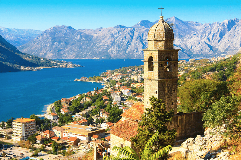 Montenegro bay view with church tower in foreground