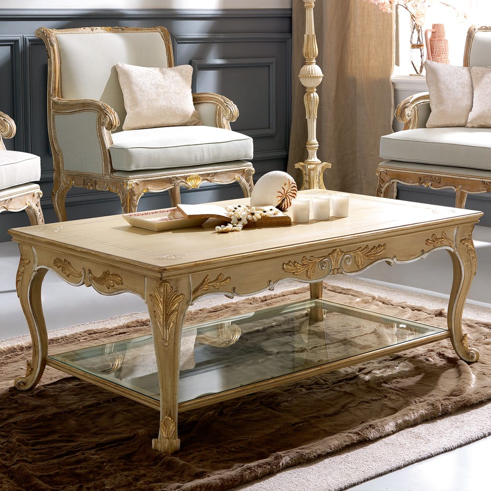 Florence Collection, ornate coffee table, ivory and gold, glass lower shelf