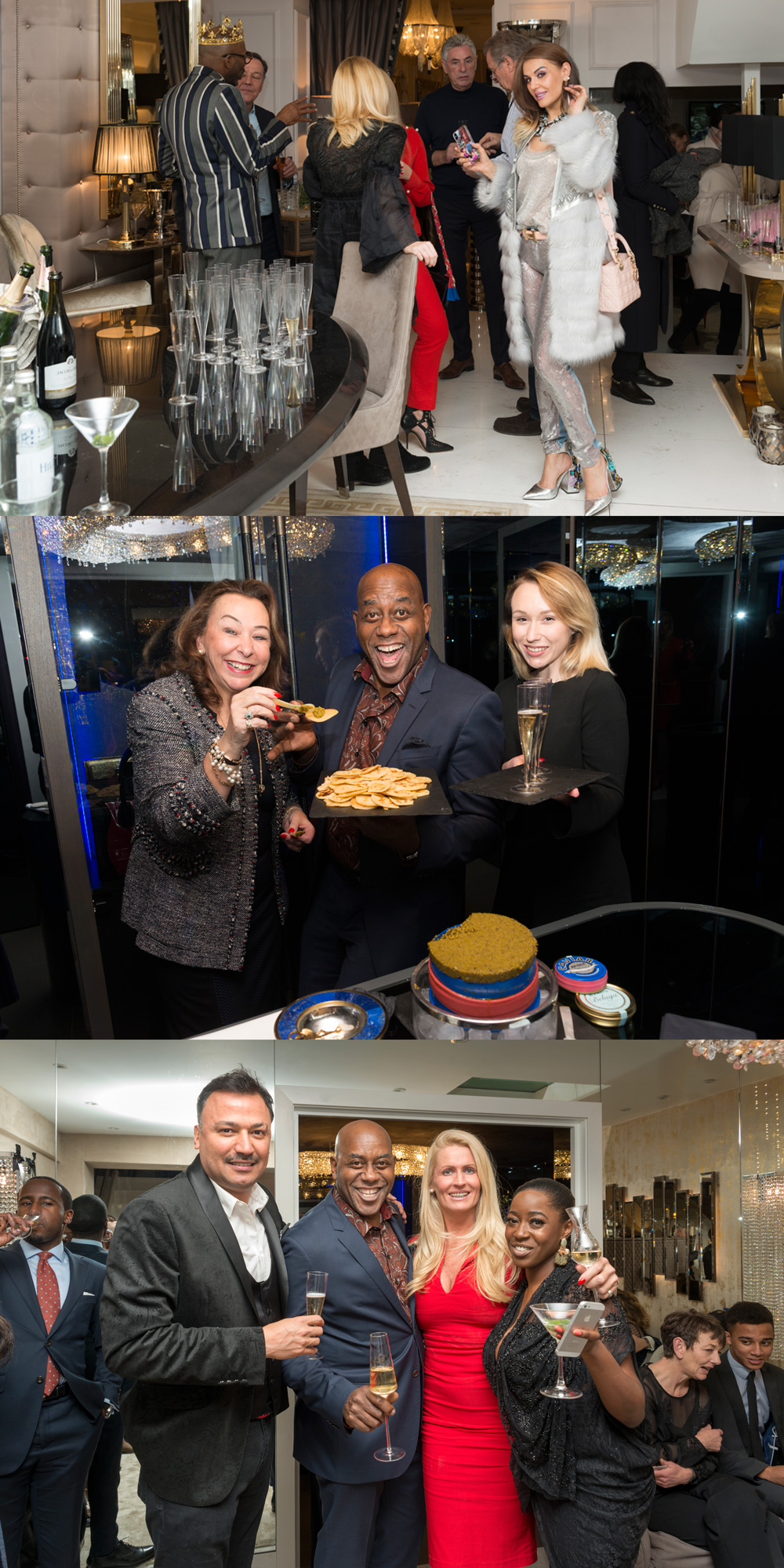 Three photos of people at a formal event. First: Guests in formal wear chat and drink champagne. Second: Three people smiling, one holding a tray with caviar. Third: Five dressed-up individuals pose for a group photo, holding champagne glasses.