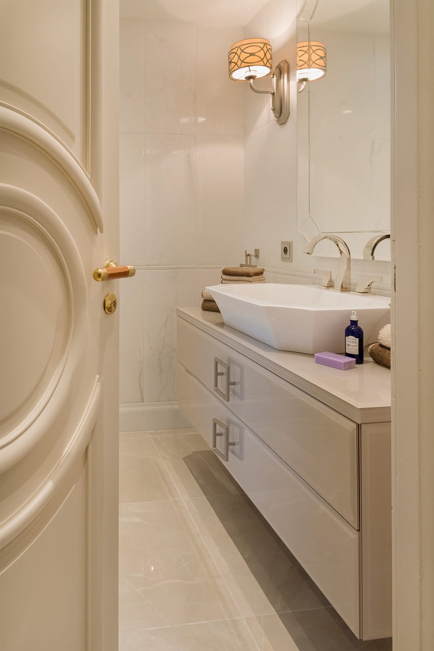 Provence villa, bathroom vanity unit, looking through open door