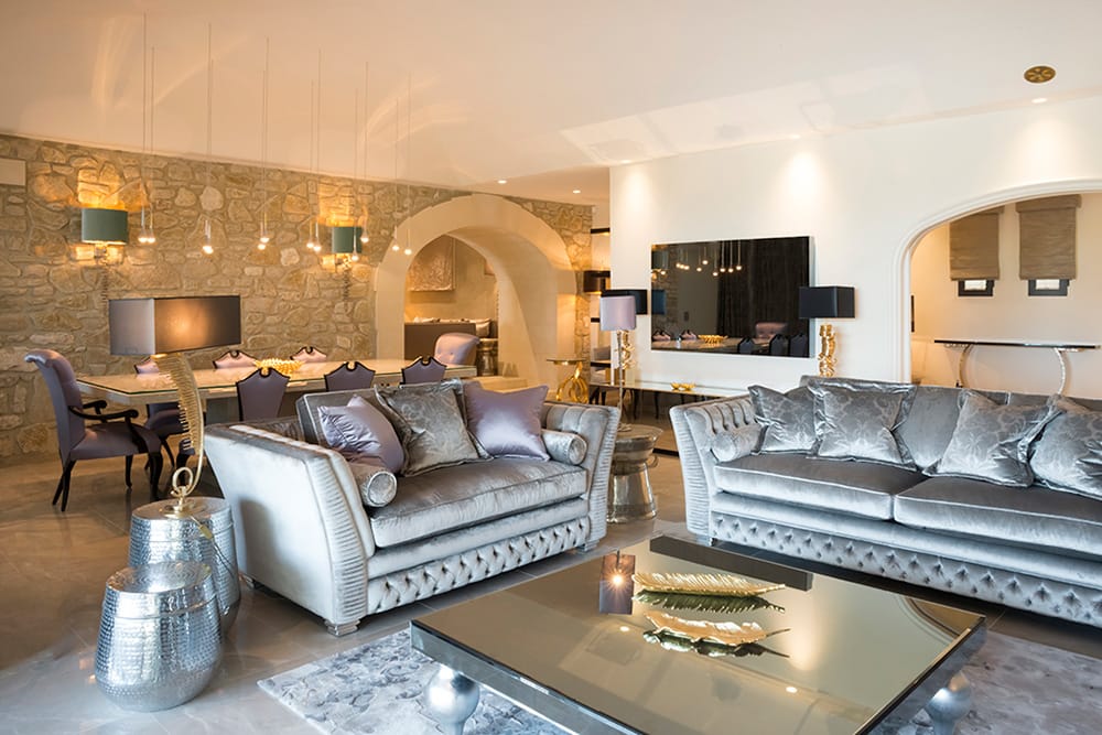 Award winning Provence villa, after, silver sofas, mirrored coffee table, turquoise and lavender coloured accessories