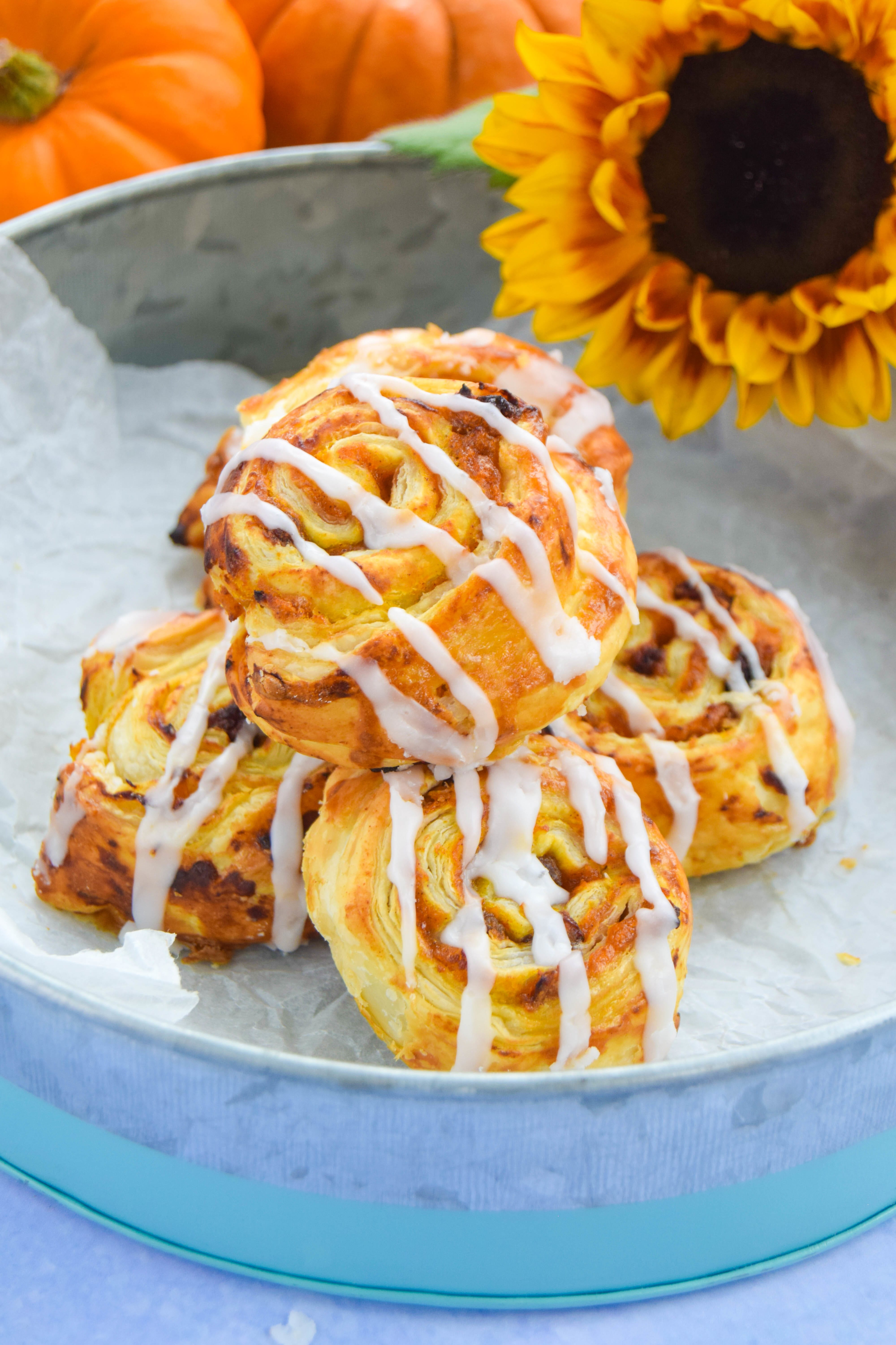 Halloween decor, pumpkin and maple cinnamon swirl pastries