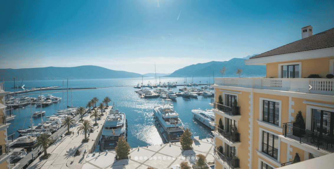 Regent Porto Montenegro hotel, Montenegro, view of the boat dock with numerous yachts