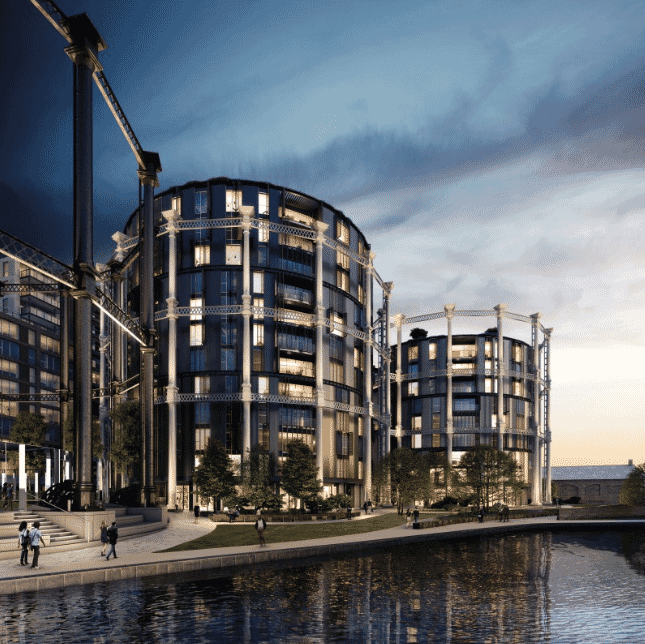 Gasholders exterior, canalside, showing three residential drums, RIBA Awards 2018