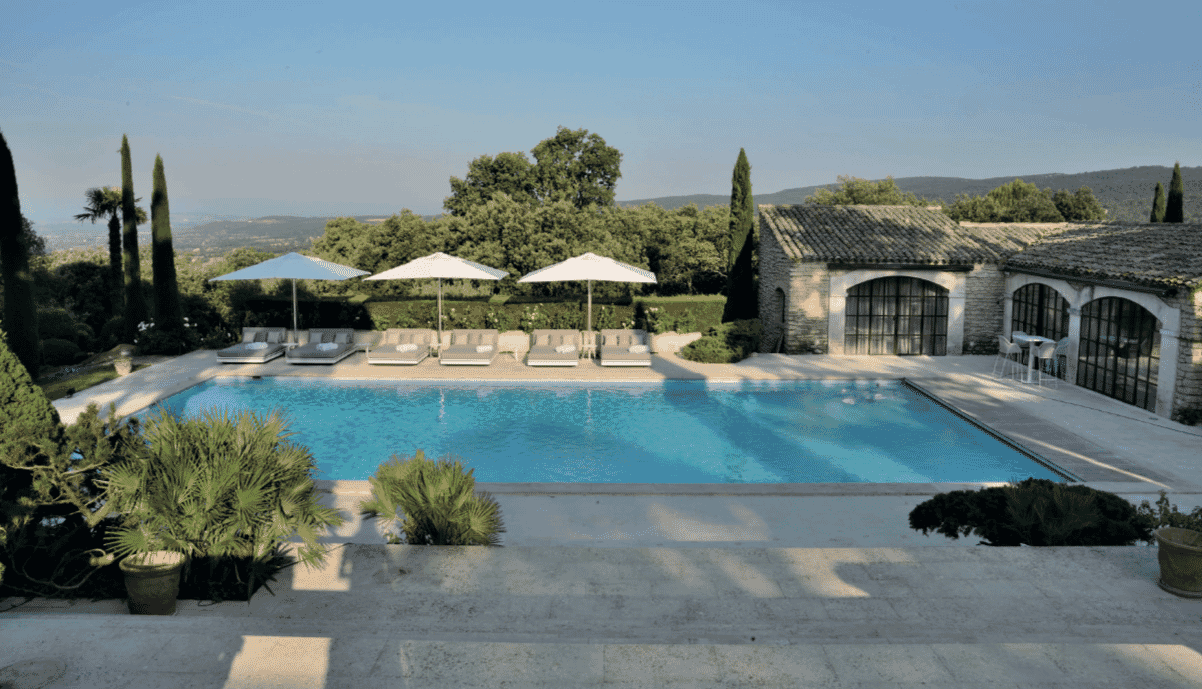 5 Star Interior Design, Award winning Provence villa, poolside and pool house, view across hills of Provence