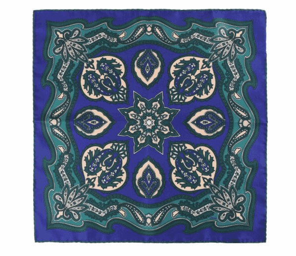 gift guide, silk pocket square, blue and green bold pattern