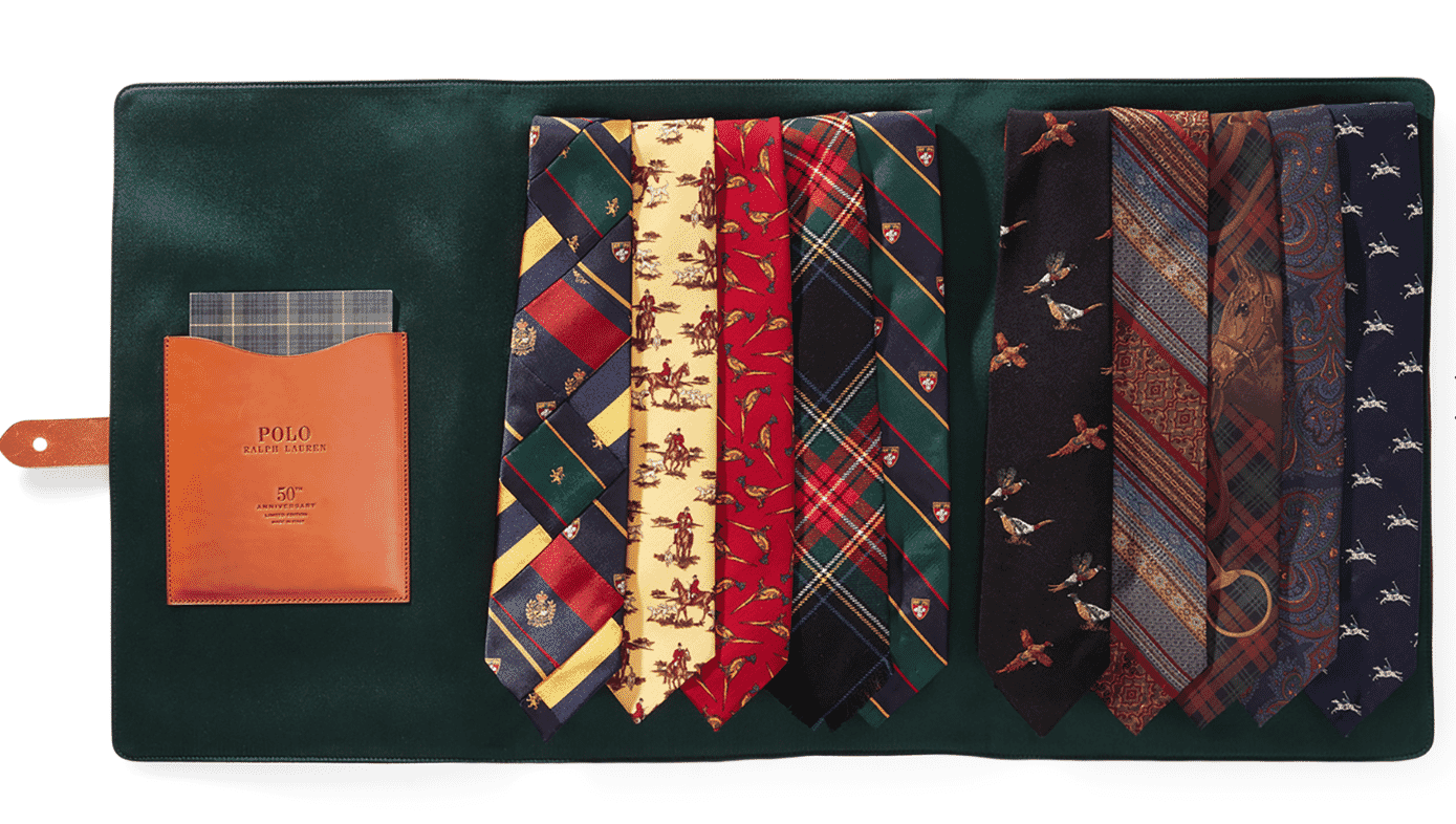 gift guide, Ralph Lauren 50th anniversary tie collection, in green wallet