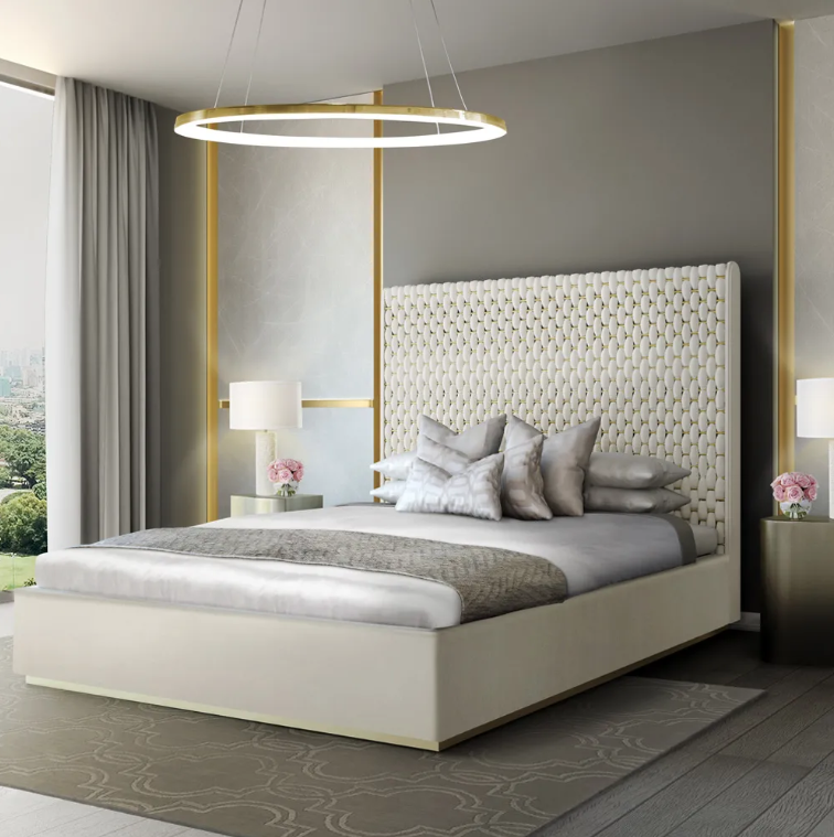 world sleep day, velvet and brass interlaced bed, tall headboard