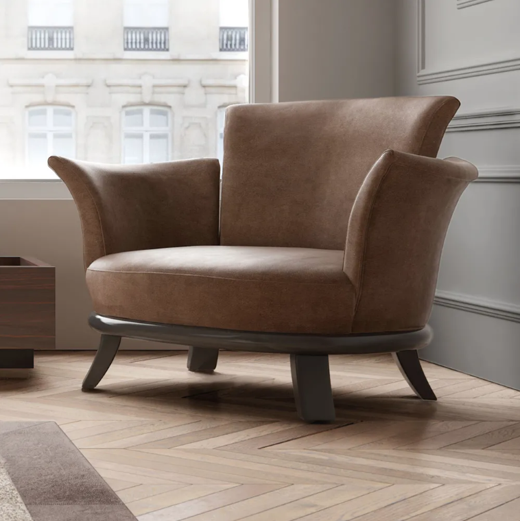 Trade, brown leather circular tub armchair