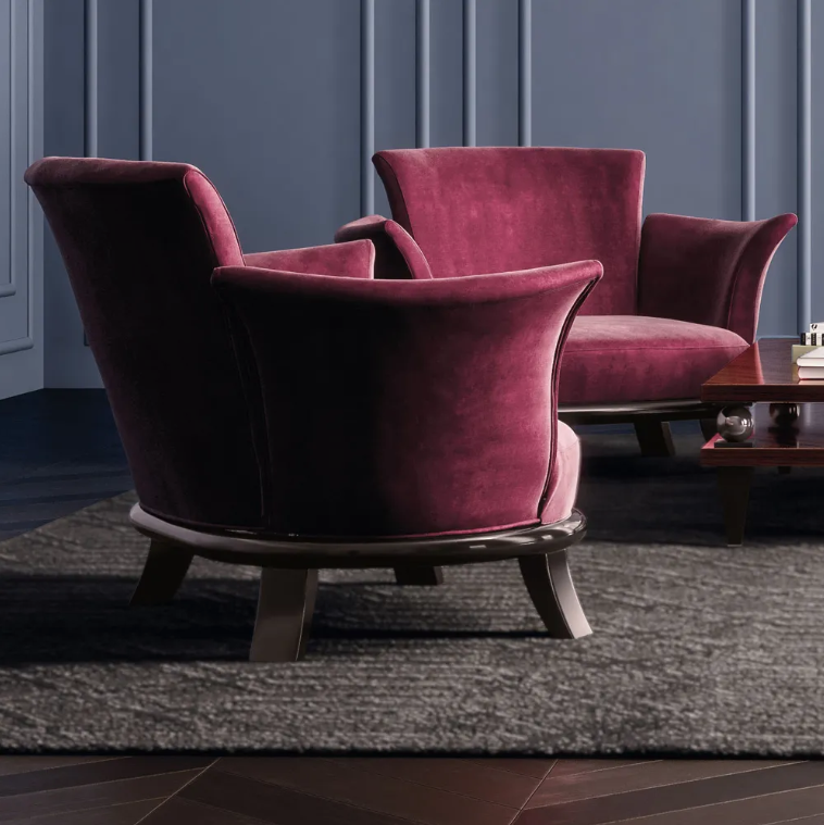 Trade, red velvet round tub armchair