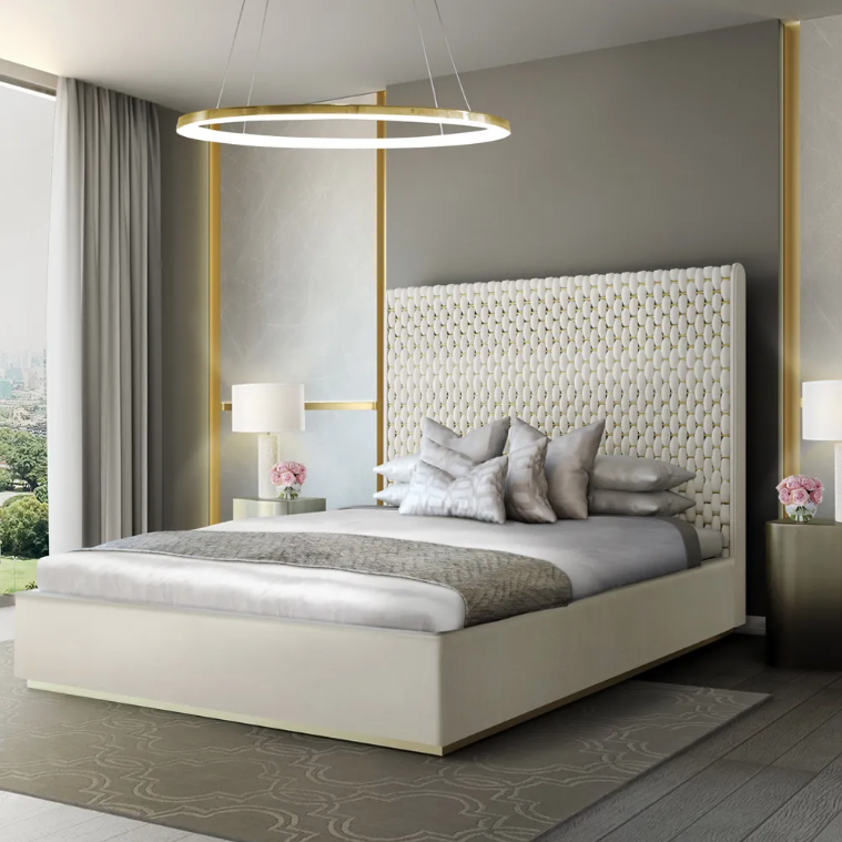 Trade, luxury bed with large, woven velvet and brass headboard