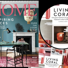 Magazine cover titled "Absolutely HOME Spring 2019." Features interior decor and furniture. Main image shows a stylish living room with Art Deco elements. Text highlights articles on inspiring spaces and Pantone's color of the year, Living Coral, with decor suggestions.