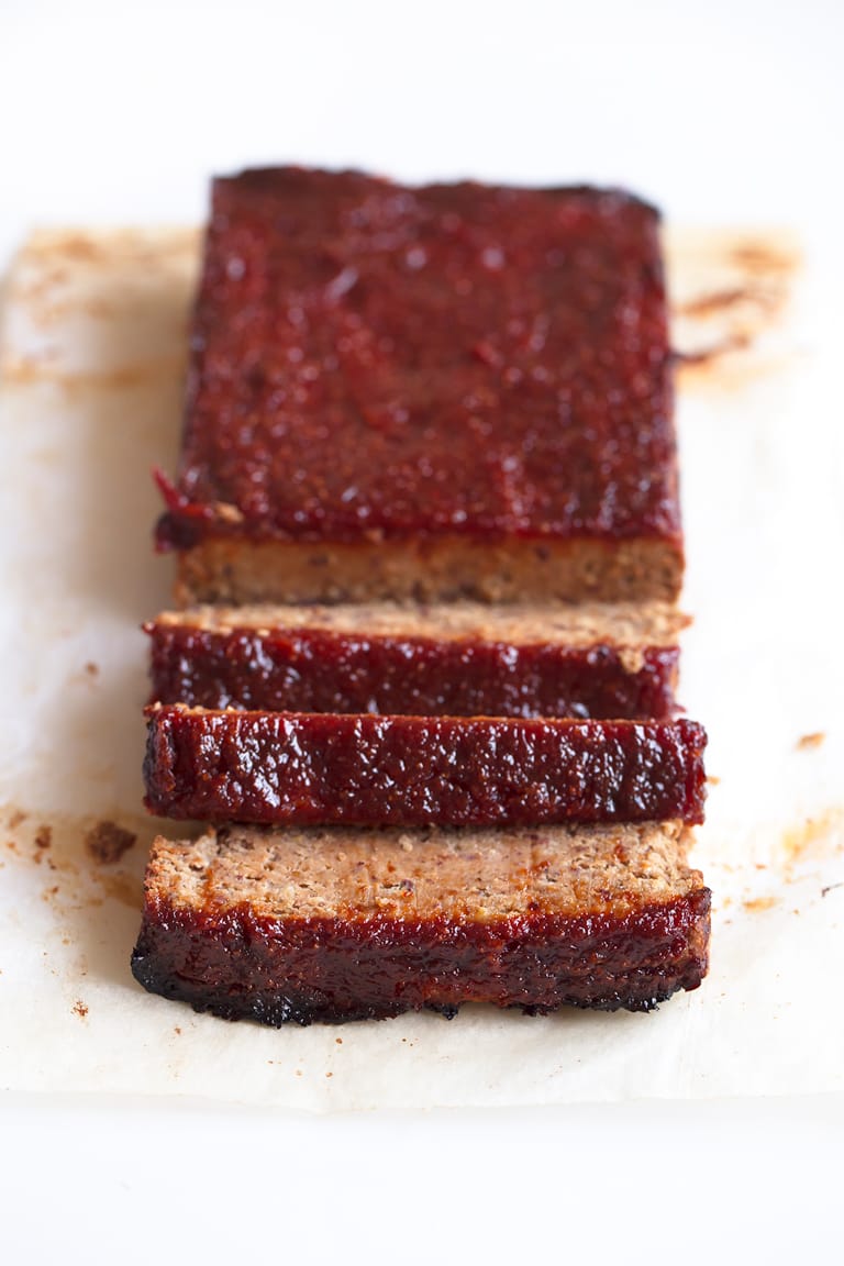 Christmas food, vegan meat loaf with tangy tomato and paprika glaze