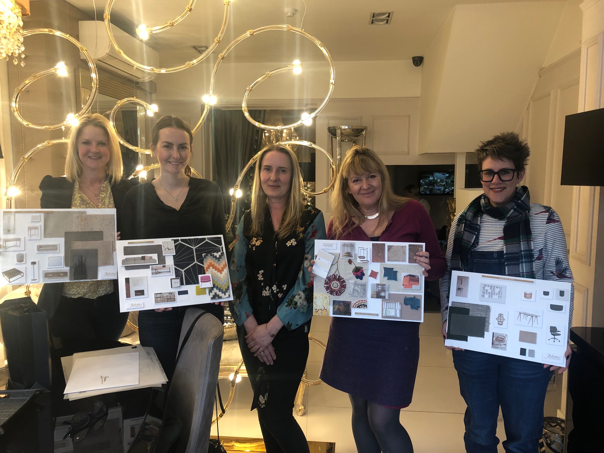 Bespoke Interior Design Course, March group with moodboards, Tanya in centre