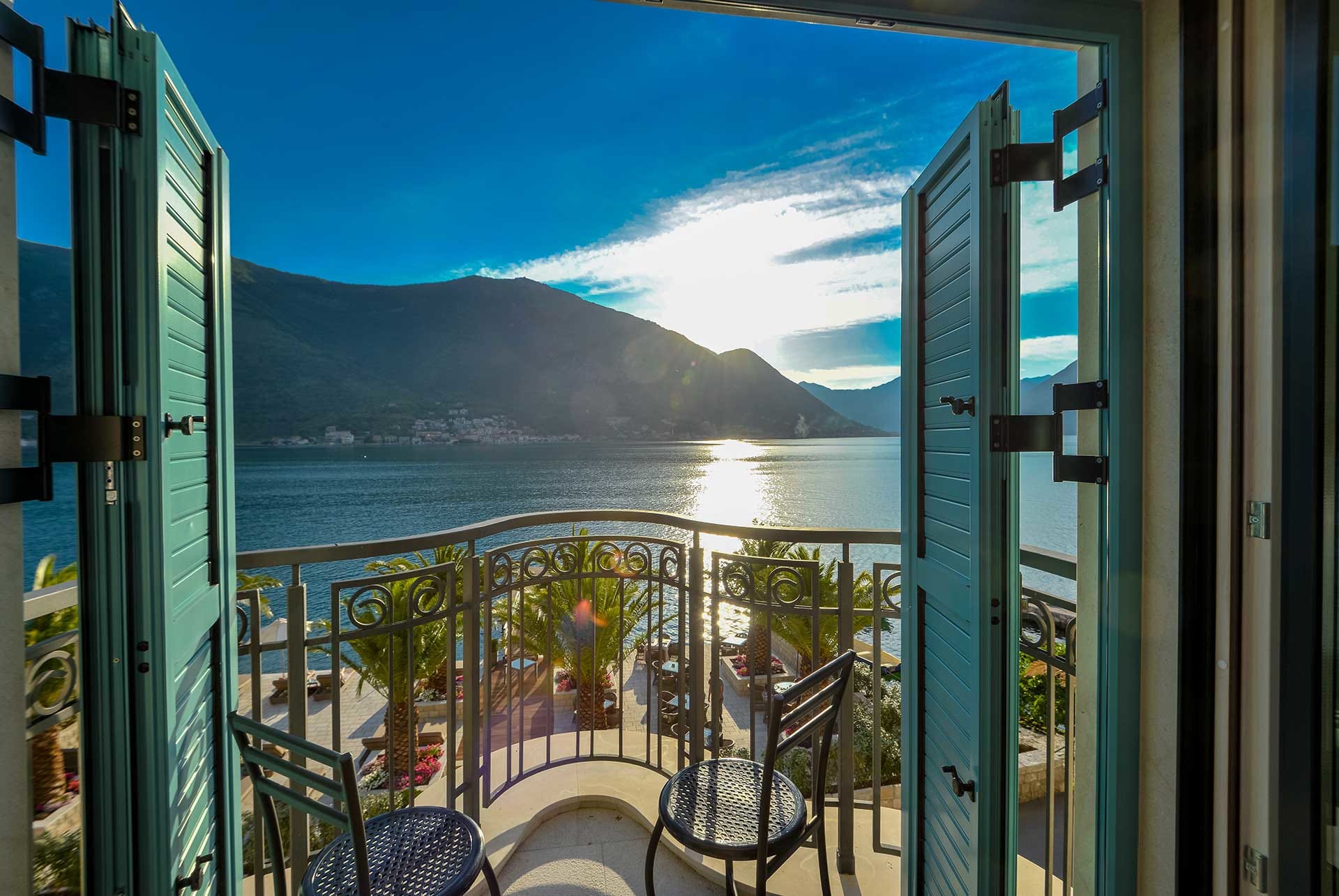 View of Kotor Bay from the Venetian style balcony at Forza Terra hotel, Montenegro