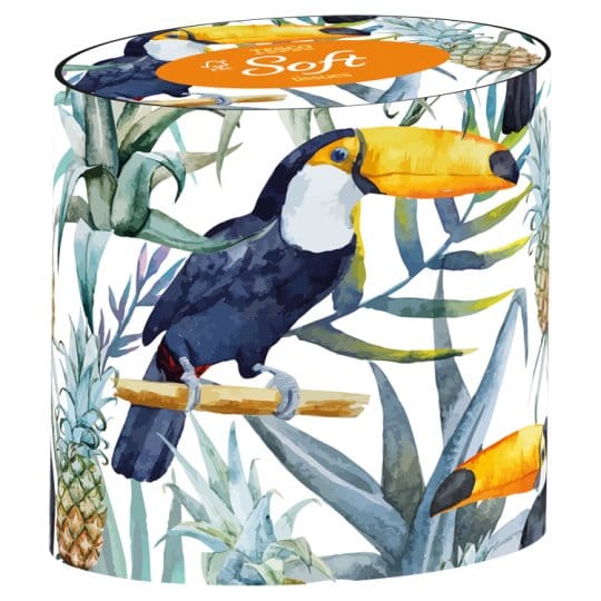 Impress the Guests, box of tissues, bright print with toucan, pineapple, giant leaves