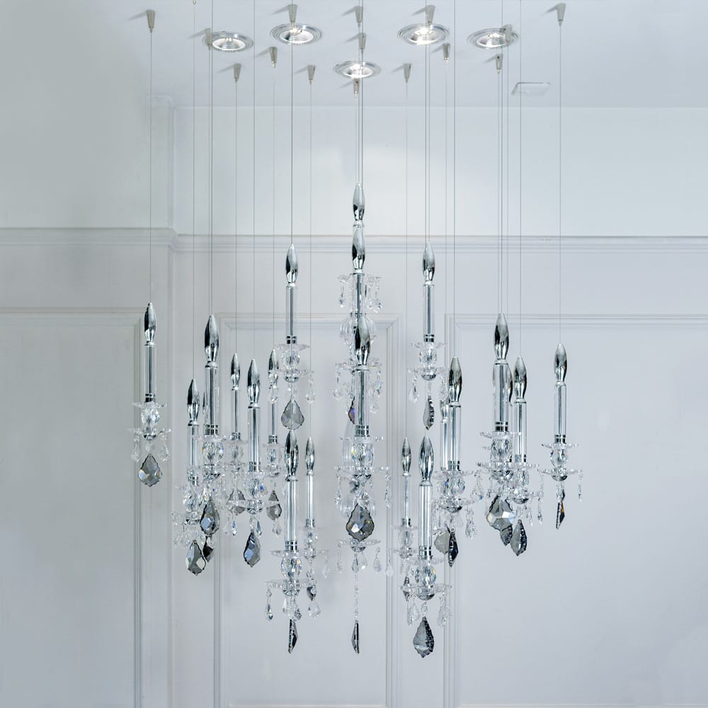 Impress the guests, crystal chandelier with ceiling spotlights and smoked crystal drops