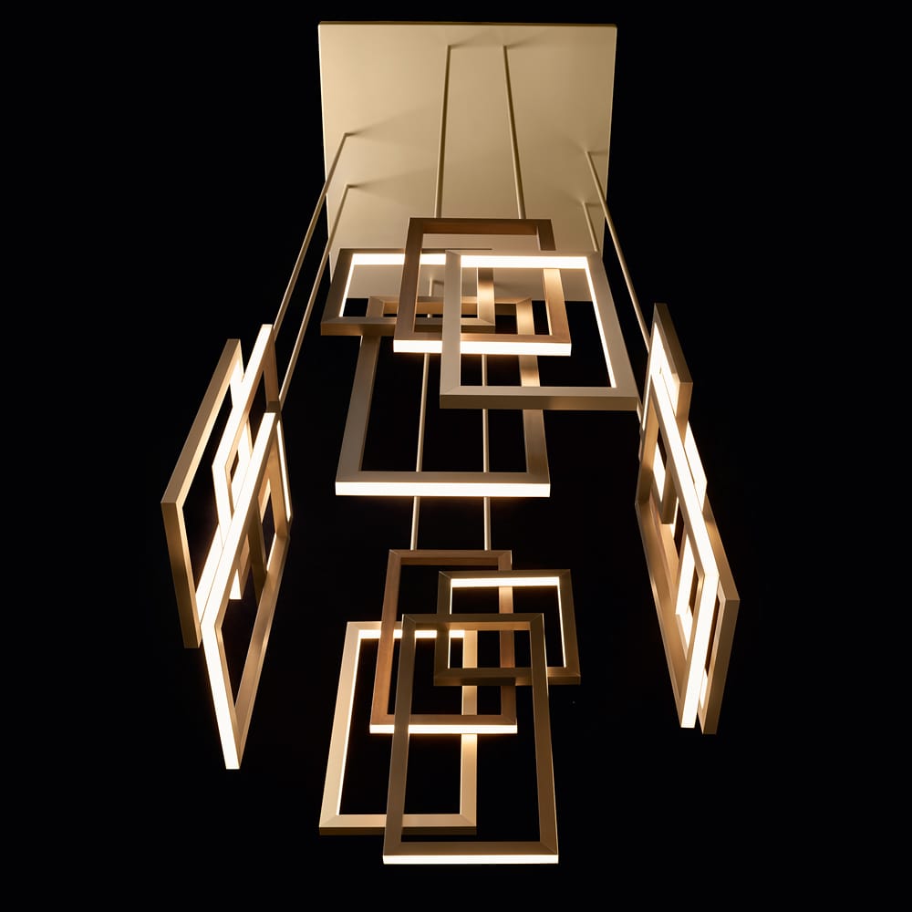 statement furniture, vertical geometric contemporary chandelier, gold and bronze rectangles