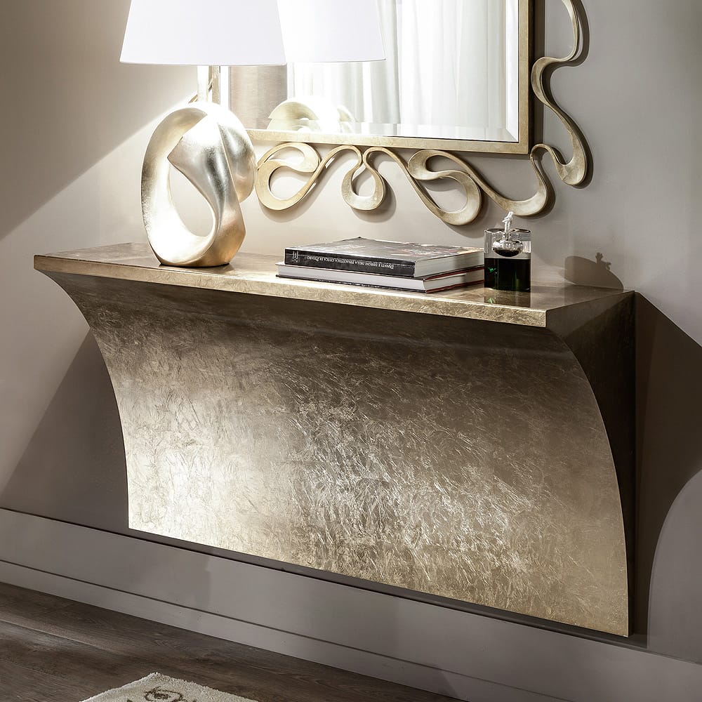 Chelsea Collection, modern wall mounted console table, gold leaf finish