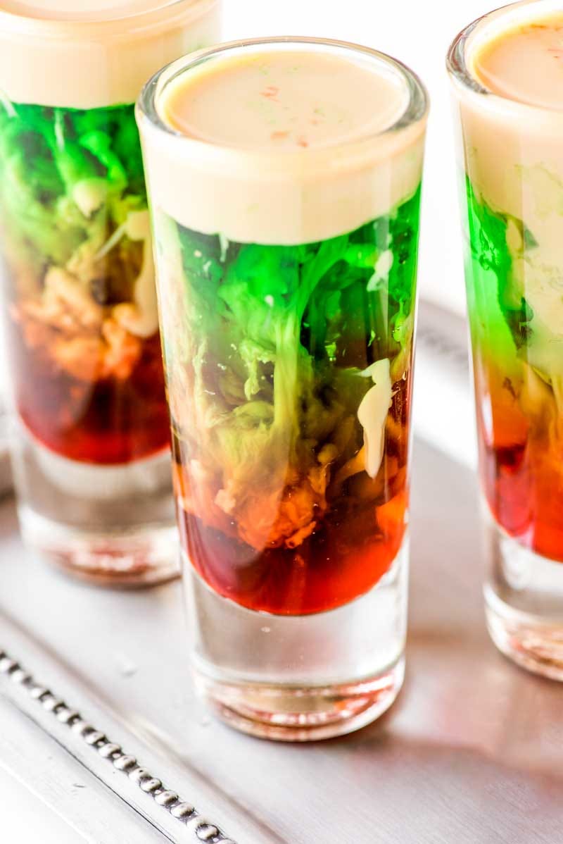 Halloween decor, Zombie Brain Haemorrhage cocktail in a shot glass