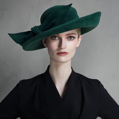 gift guide, lady's green felt fedora hat, big bow, by Lock Co hatters