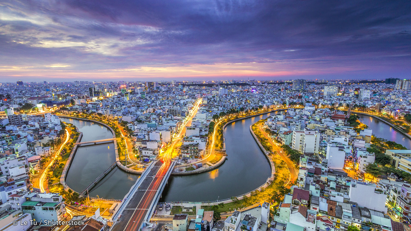 Vietnam, Ho Chi Minh City, Saigon, aerial view at dusk