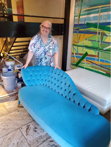 Interior Design Course, Debbie working on her design, with turquoise chaise longue