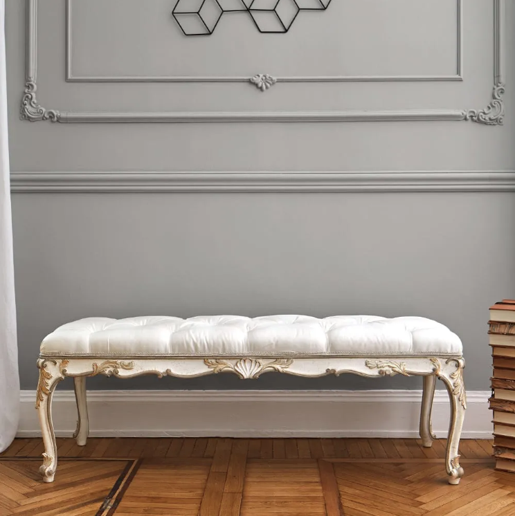 ivory, button upholstered bedroom bench, chaise longue