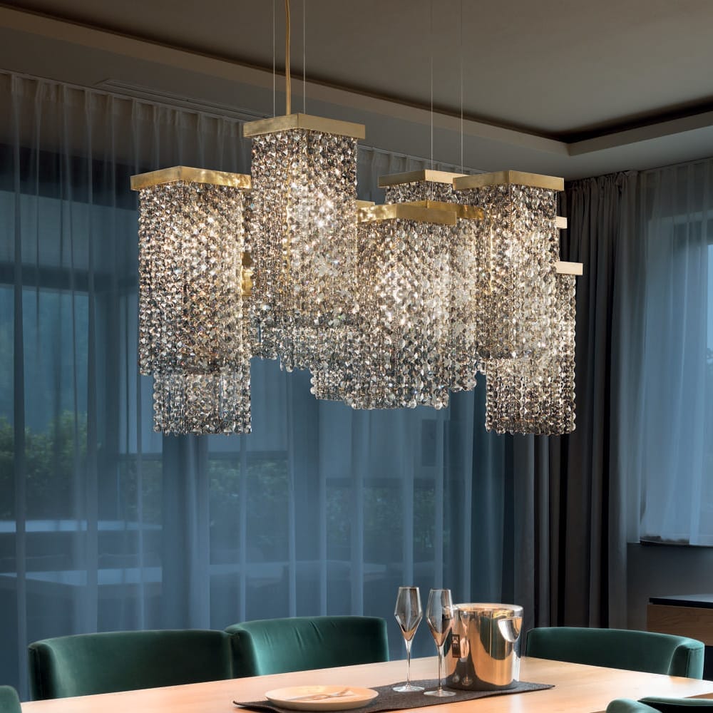 chandelier, multiple square frames, crystal drops