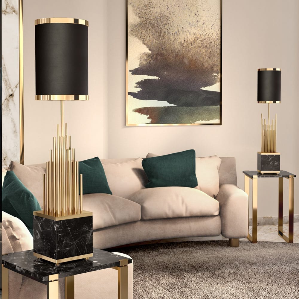 luxury lighting design, black and gold marble table lamps