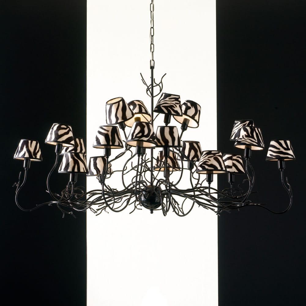 chandelier, modern black branches, zebra shades