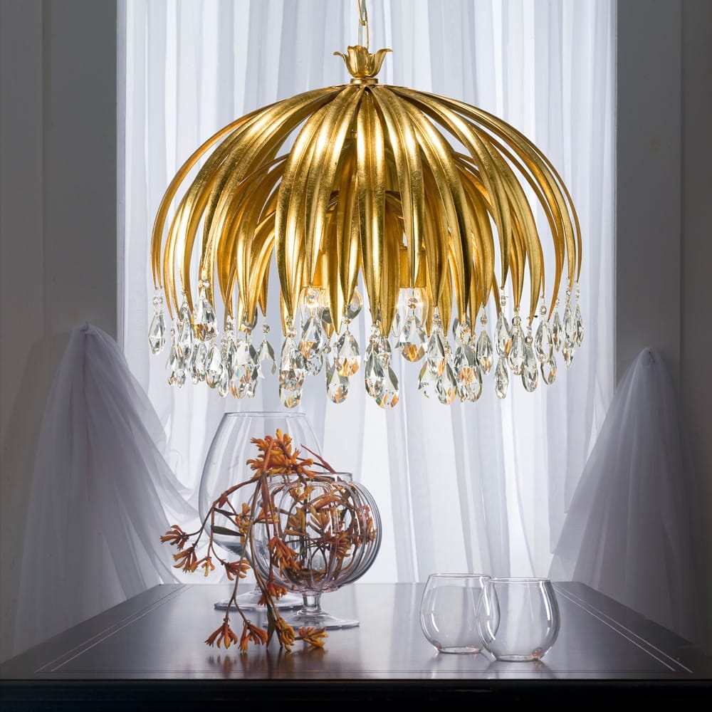 chandelier, gold leaf with crystal pendants