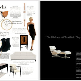 A two-page magazine spread titled "Paula's Picks" featuring various luxury items. The left page showcases a bicycle, stool, dress, tables, boots, and jewelry with descriptions by Paula Ryan. The right page includes a Charles Eames quote in white text on a black background and an Eames Lounge Chair.