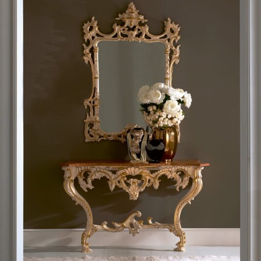 Reproduction Baroque Ivory And Gold Italian Wall Mounted Console And Mirror