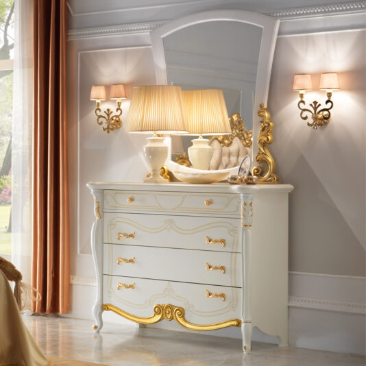 Ornate White Chest Of Drawers and Mirror Set