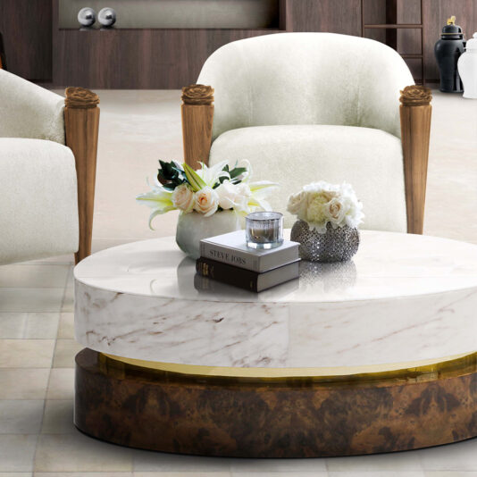 Contemporary Marble Gold Walnut Veneer Oval Designer Coffee Table